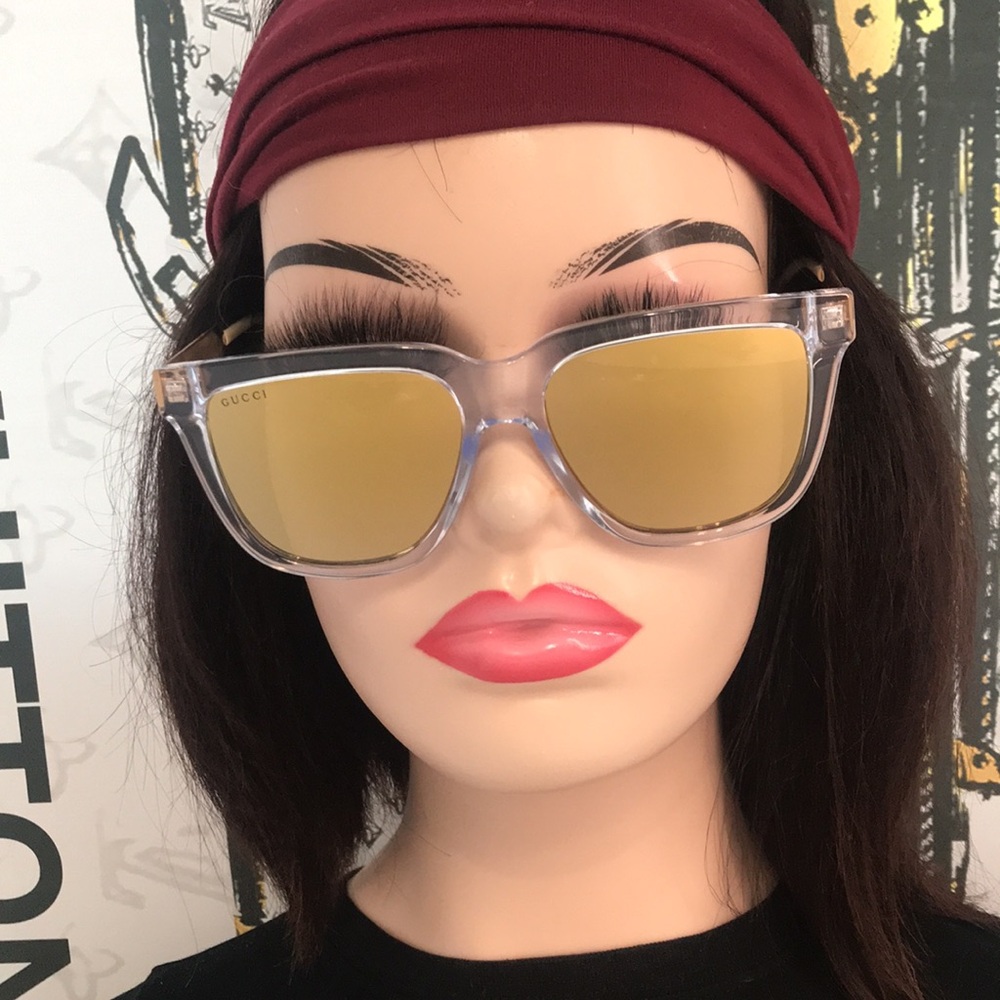 New Authentic Gucci GG0976S 004 Crystal Gold Mirror Oversized Sunglasses
